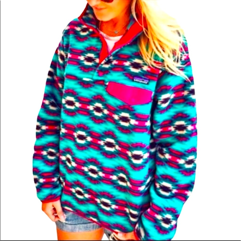 PATAGONIA Synchilla Navajo Aztec Southwestern Snap T Fleece Sweater RARE